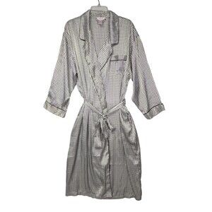 Vintage Amelia’s Long Satin Robe Dressing Gown Medium Black White Belted Pockets